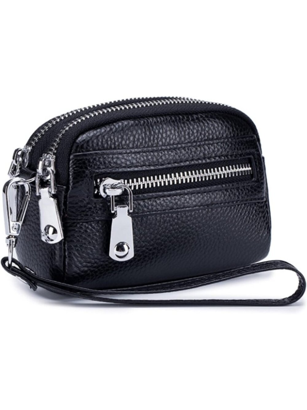 Stylish Genuine Leather Mini Wristlet Wallet for Women, 3 Zipper Coin Pouch